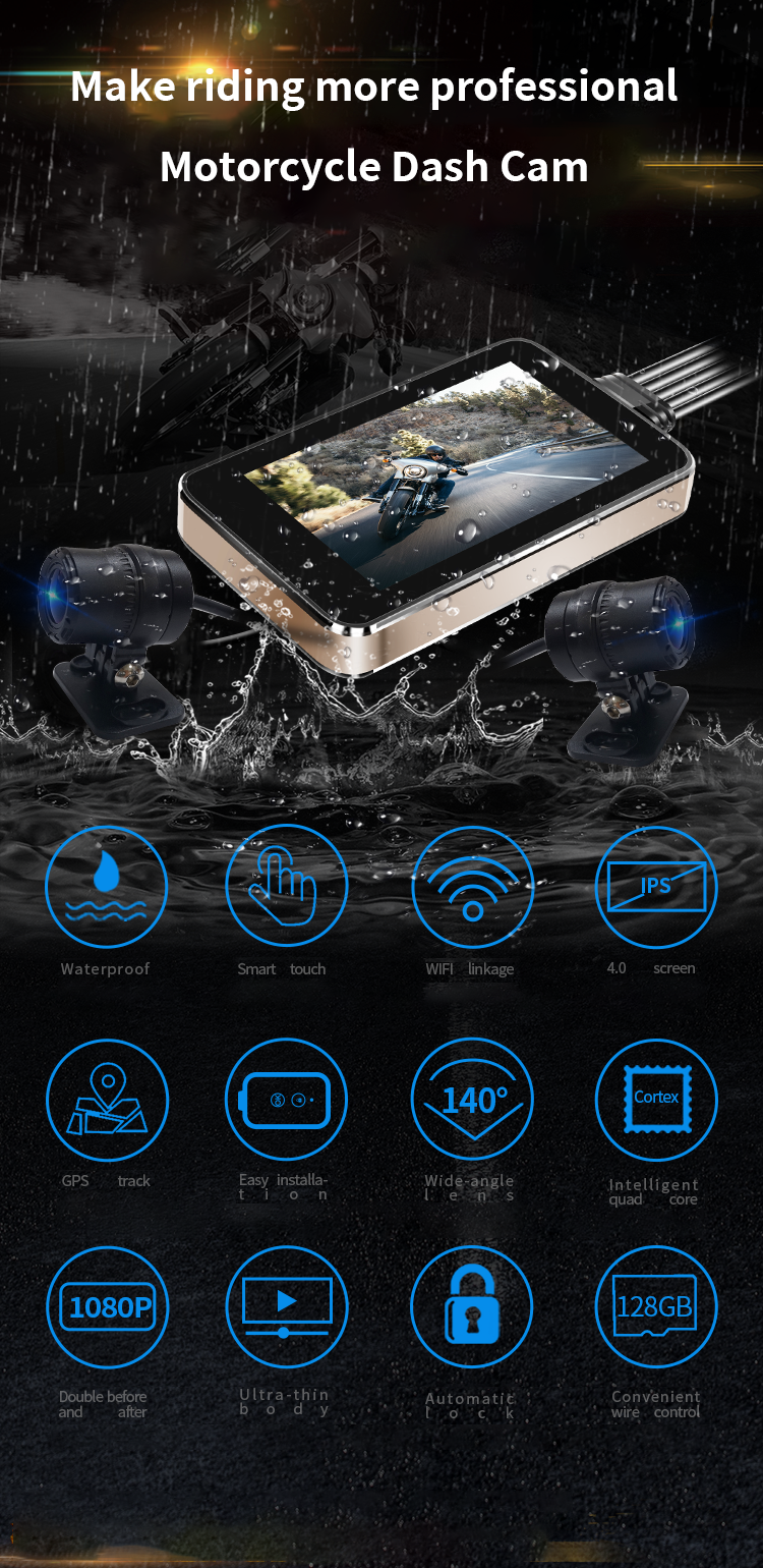 HFK HM502 Motorcycle Dash Cam Front & Rear 1080P - IP67 Waterproof With 128GB Storage & 5G WiFi